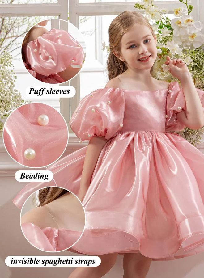 Take Two  Girls Pink Pearl Puff Faux Pearl Embellished Dress for Women | Best Price UAE